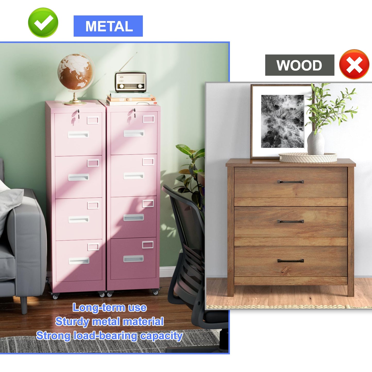 4 Drawer Lockable File Cabinet on Wheels - Pink