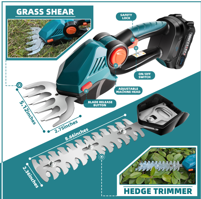 Cordless 2-in-1 Hedge Trimmer and Grass Shears Kit - 21V Battery Power Tool