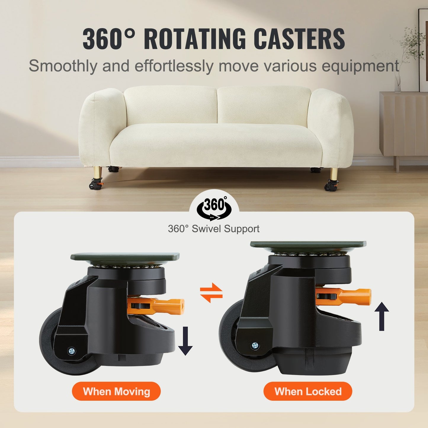 Heavy Duty Adjustable Casters Set of 4 - 360° Swivel, 2200 Lbs Capacity
