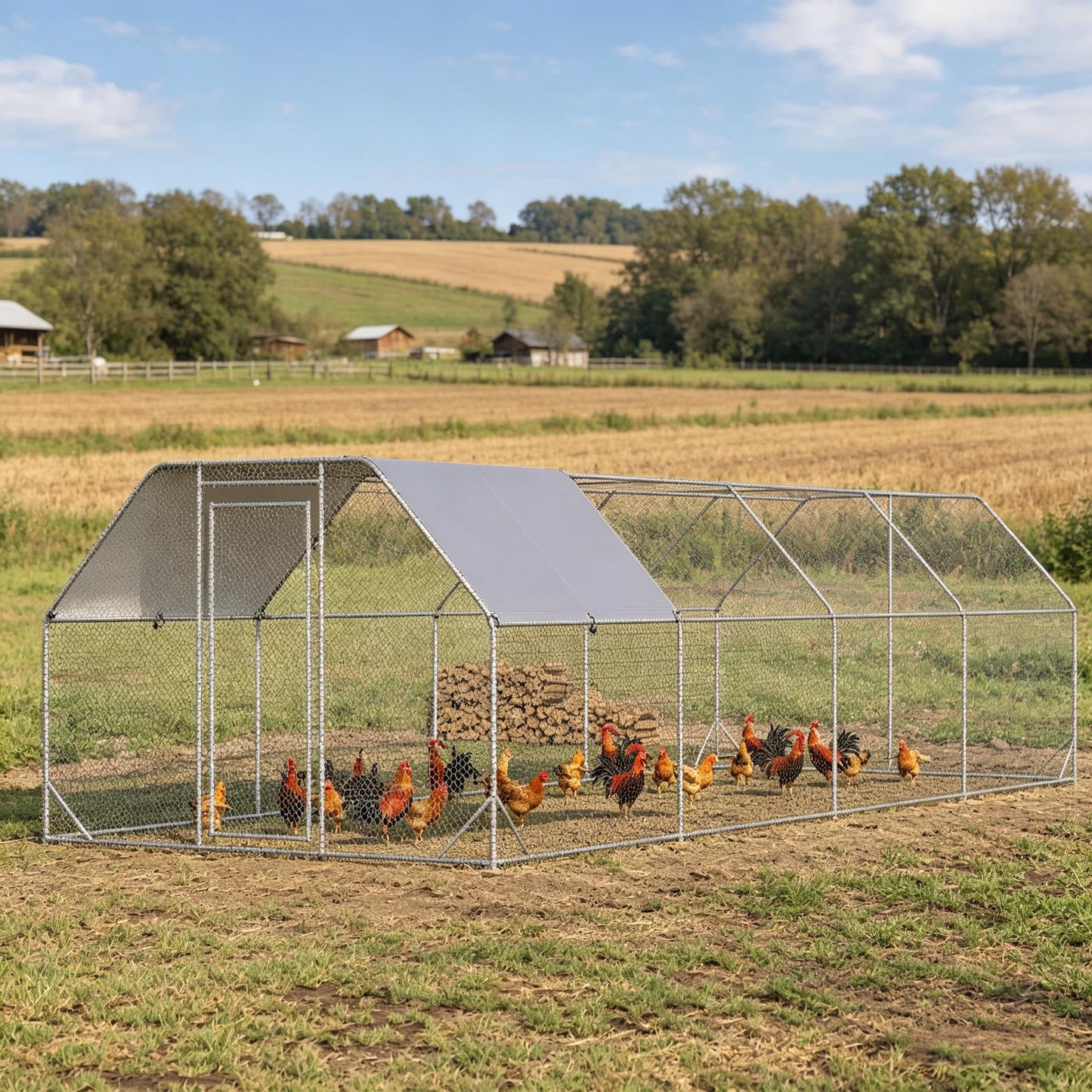 Large Metal Chicken Coop with Waterproof Cover - 24.9' x 9.2'