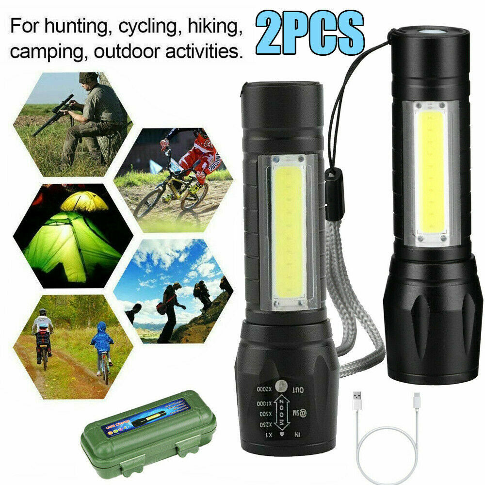 Rechargeable LED Flashlight Set with Zoomable Focus 3 Modes Waterproof Camping Light