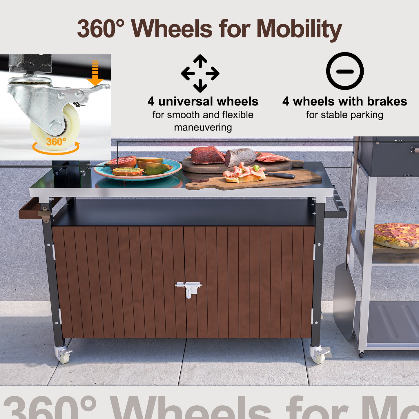 Outdoor Grill Cart with Stainless Steel Top & Wheels - 52.7"