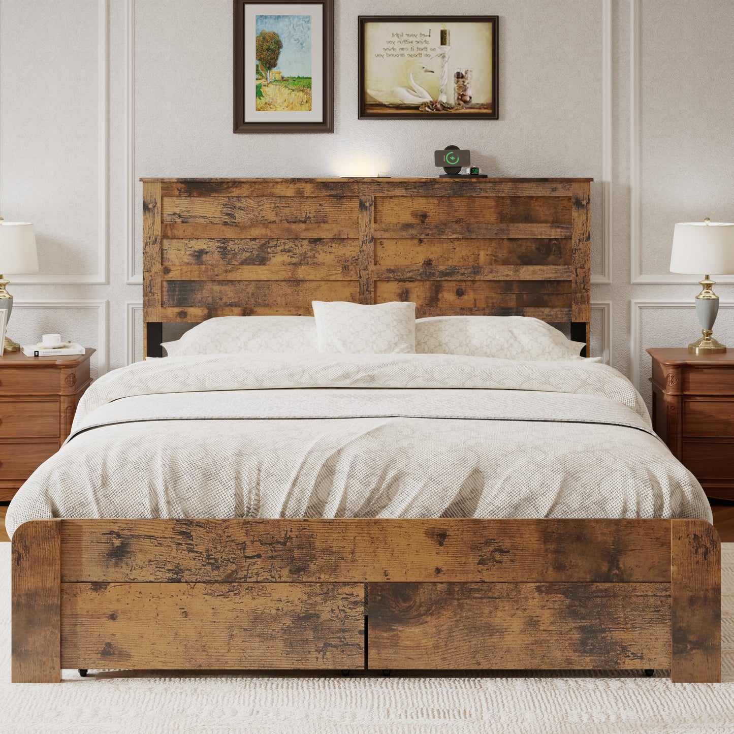 Queen Platform Bed Frame with LED Headboard, USB Charger & Drawers - Dark Brown