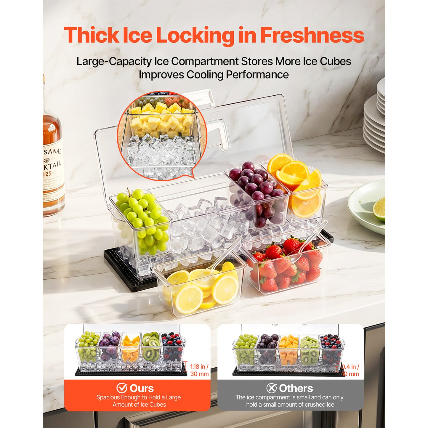 Ice Cooled Condiment Server with Lid - 5 Compartments for Party & Restaurant Use