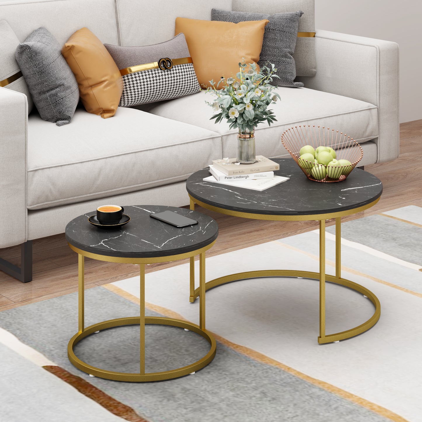 Nesting Coffee Table Set of 2 - Round Black+Gold Marble Top