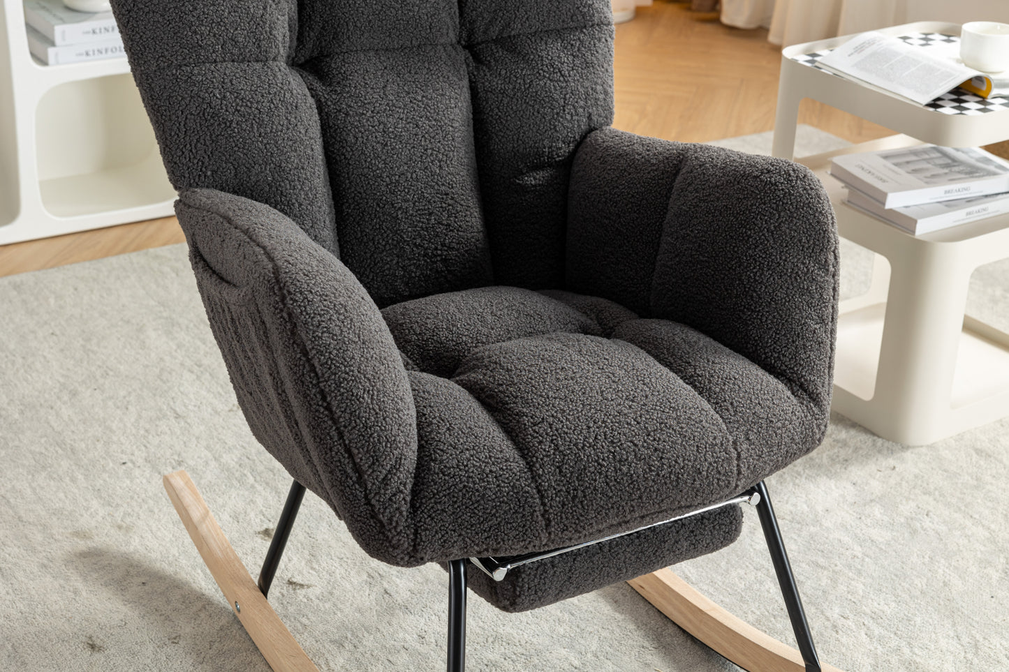 Modern Teddy Fabric Rocking Chair with Adjustable Footstool - Dark Gray