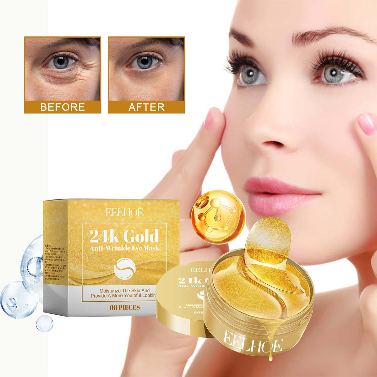 24K Gold Eye Mask Pack - Moisturizing Anti-Aging Eye Care 60pcs