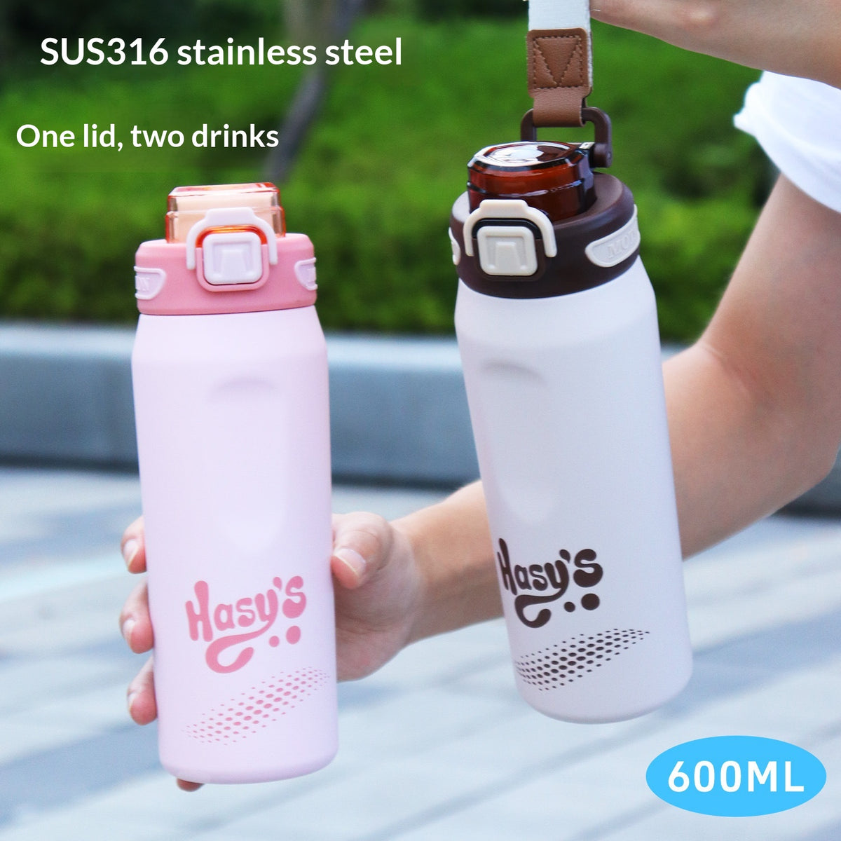 600ml Stainless Steel Outdoor Water Bottle with Carrying Strap - Multiple Colors