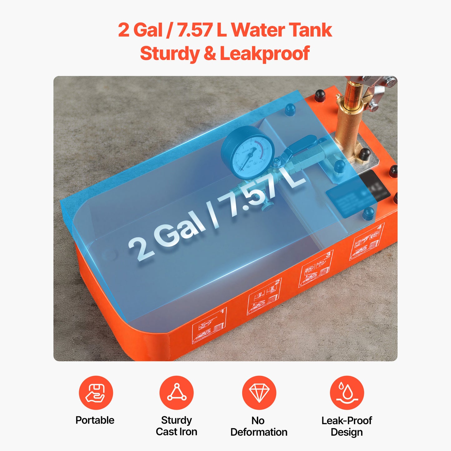Hydrostatic Test Pump 2 Gallon Water Pressure Tester with Gauge - Hydraulic Pipe Leak Detection Kit