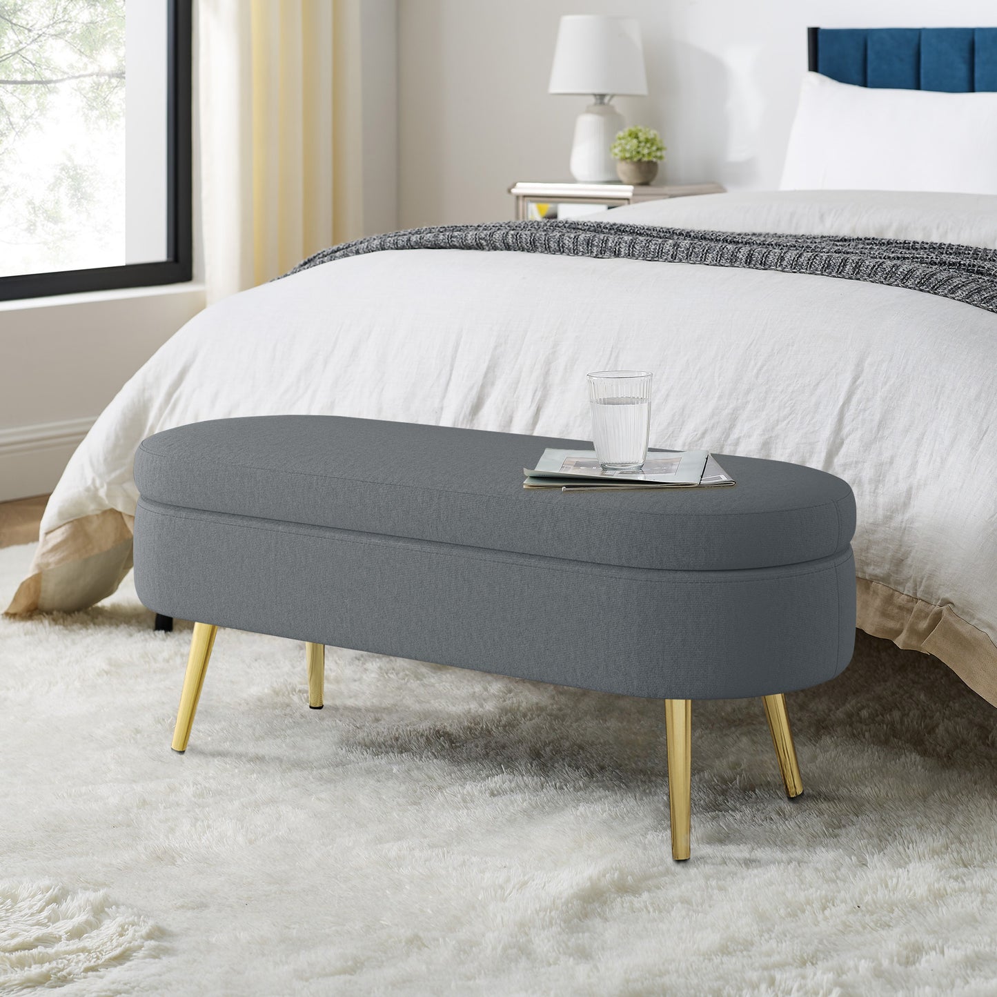 Oval Flannel Storage Ottoman with Metal Legs - Dark Gray