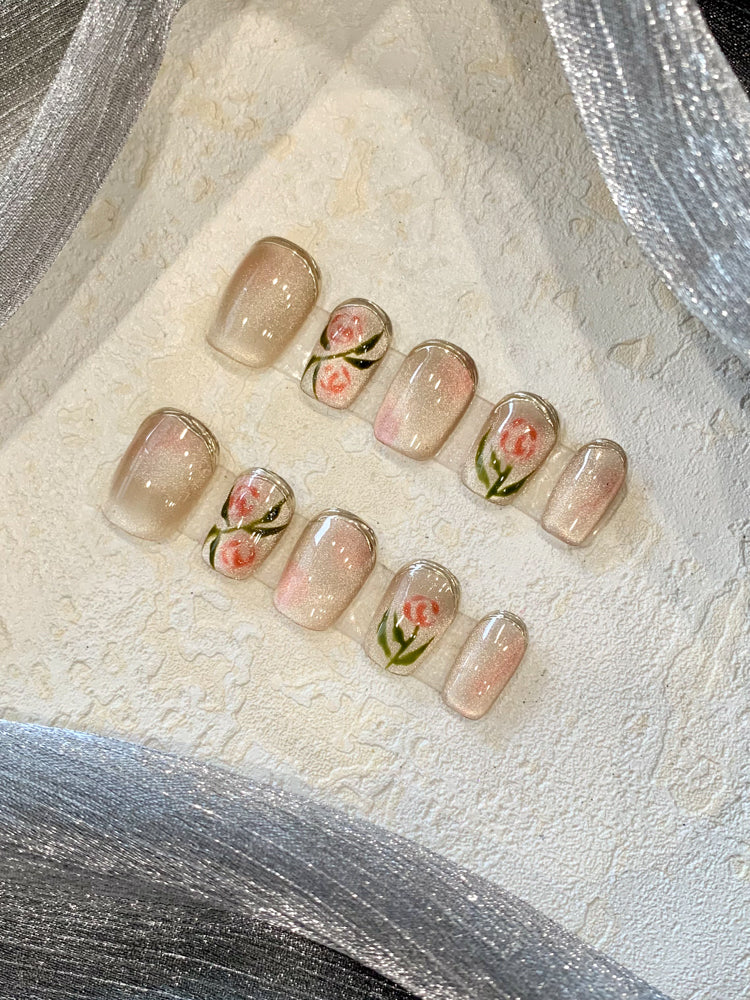 French Rose Nail Tips Set - Short Temperamental Fake Nails for Nail Art