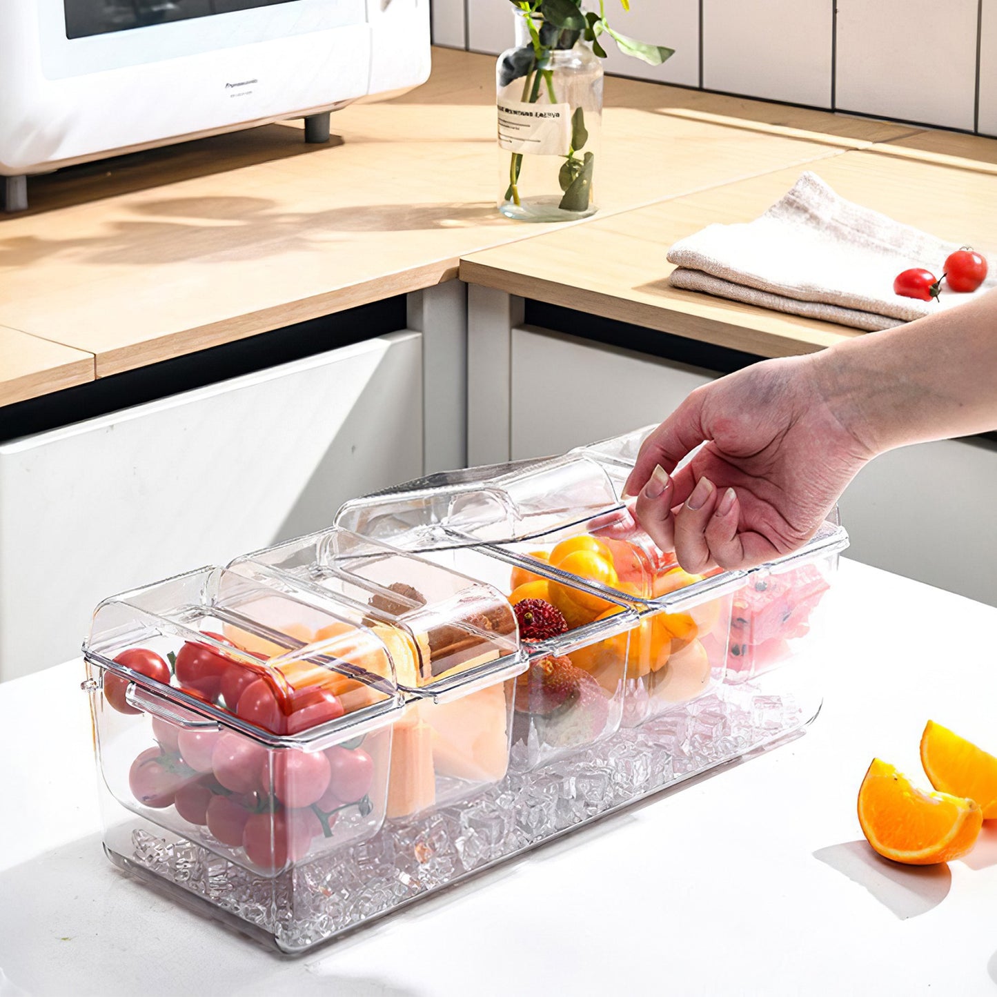 Ice Chilled Condiment Caddy with 5 Removable Food Trays & Tongs