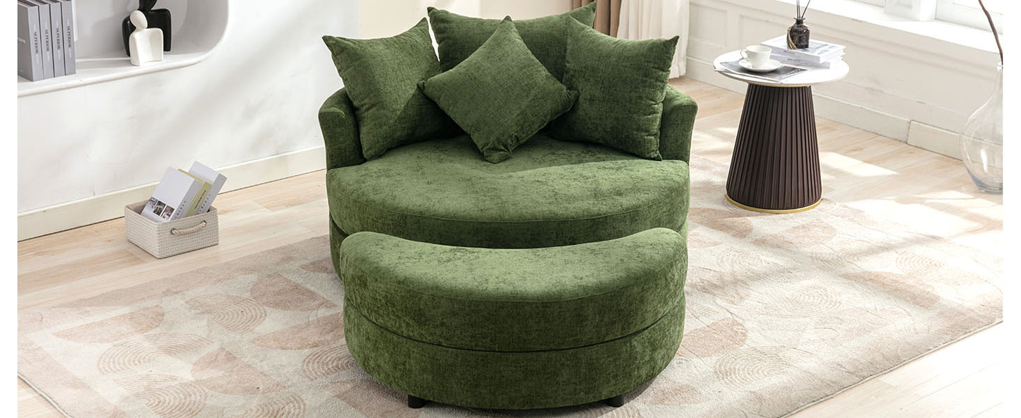 360° Swivel Accent Barrel Chair with Storage Ottoman & 4 Pillows - Green