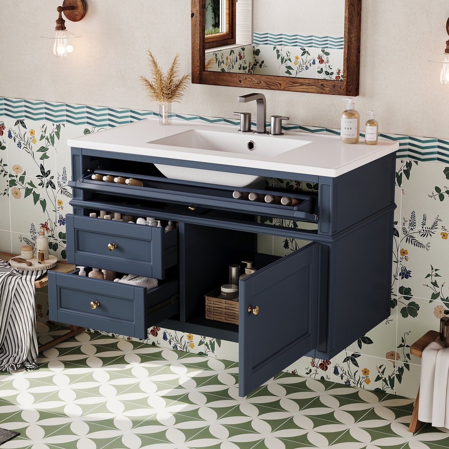 36-Inch Wall Mounted Bathroom Vanity with Ceramic Sink - Blue