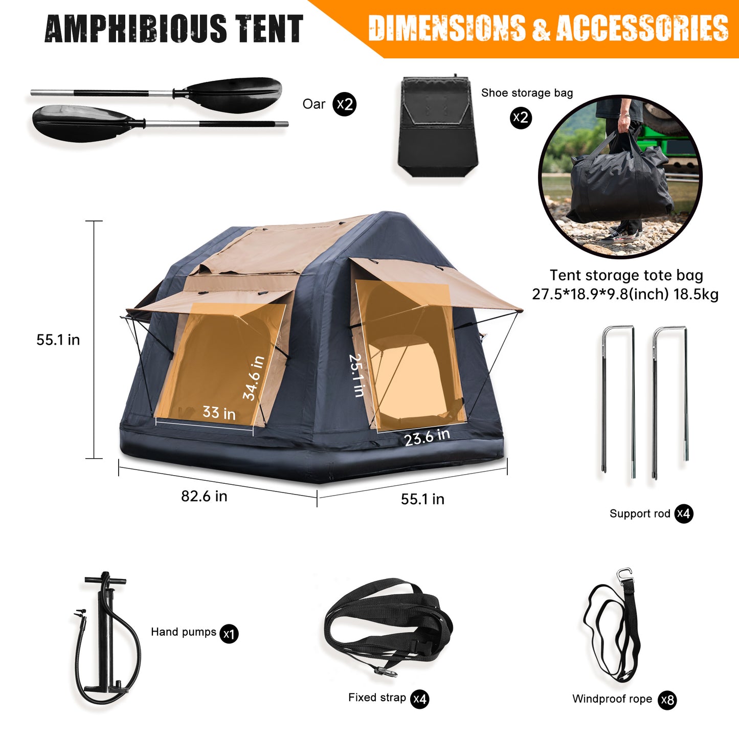 Amphibious Inflatable Roof Top Tent for SUVs & Trucks - Khaki/Black