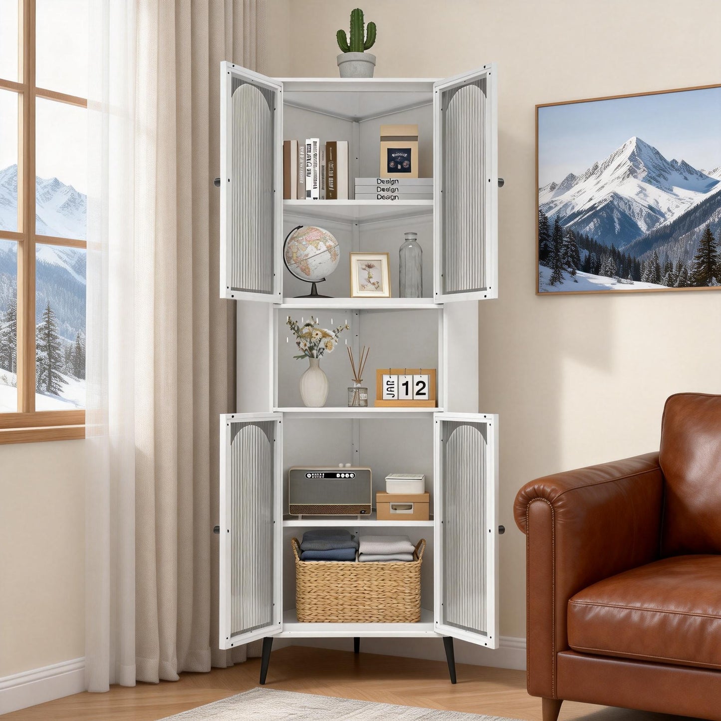 73'' White Metal Corner Storage Cabinet with Adjustable Shelves