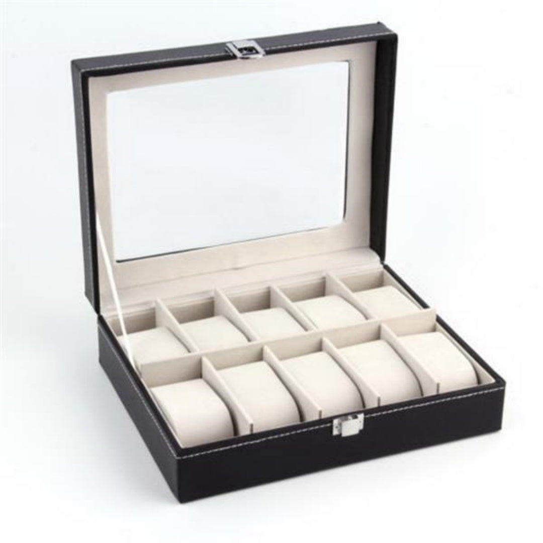 10 Compartments High-grade Leather Watch Storage Box Black