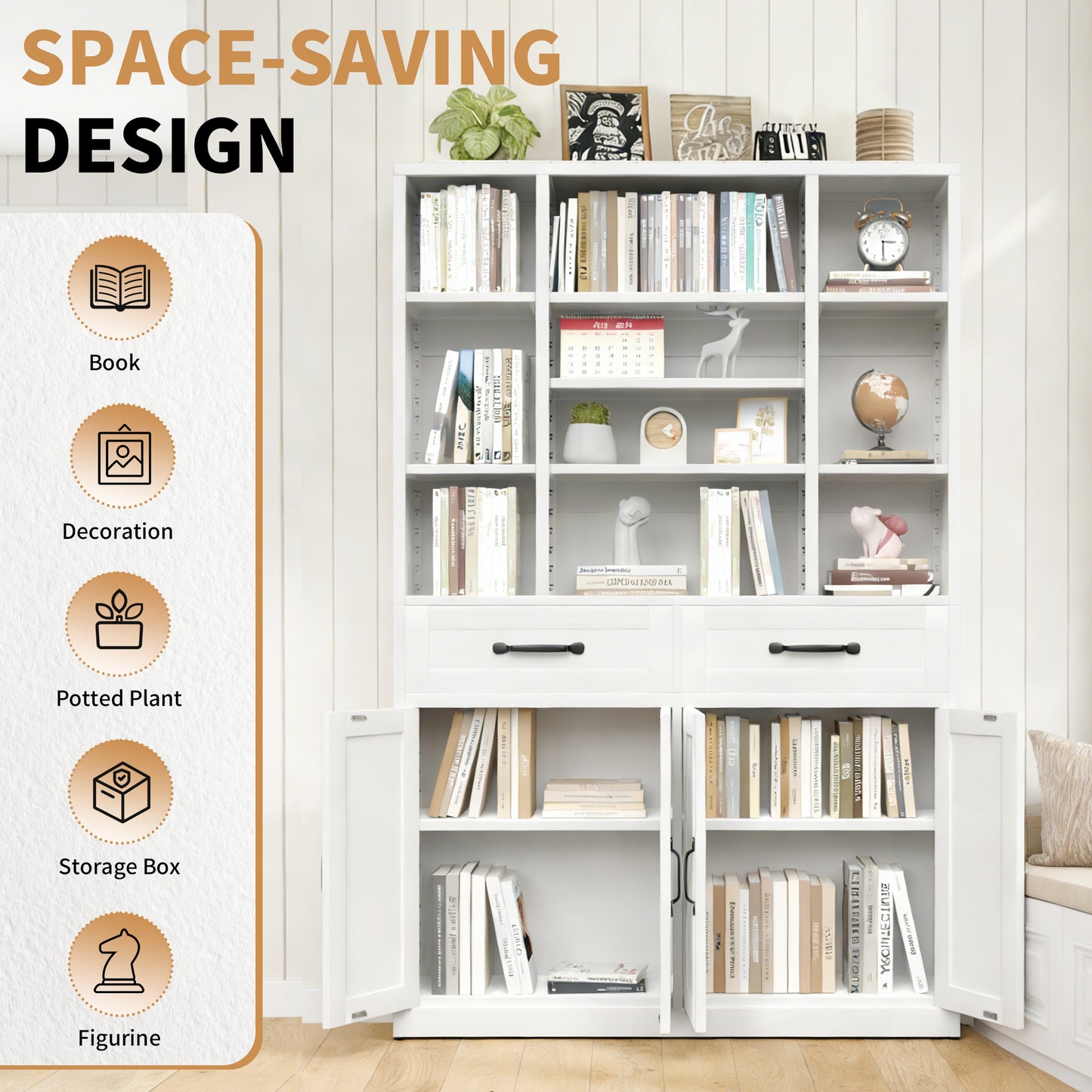 71 Tall Bookcase With Doors, Drawers & Adjustable Open Shelves, Metal