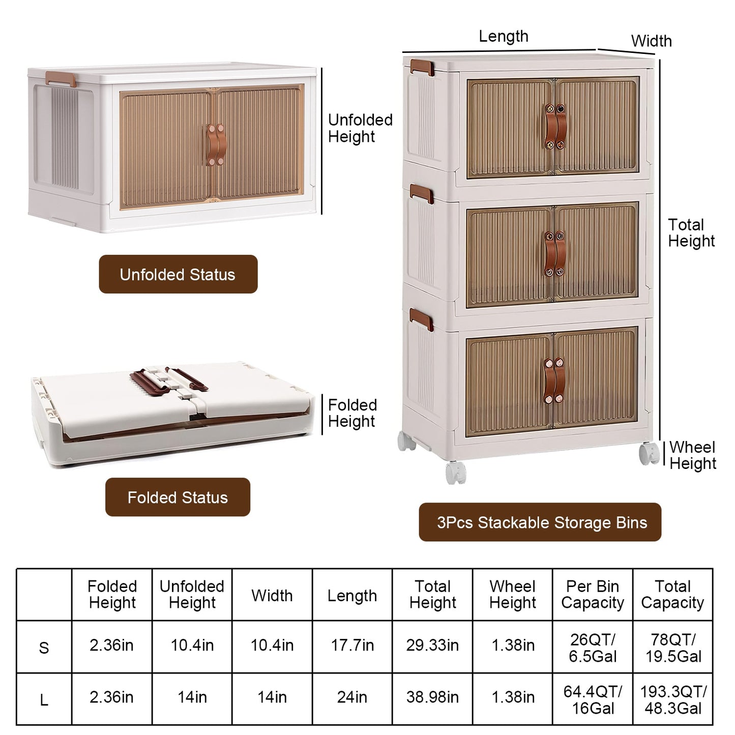 3Pcs Foldable Storage Bins With Lid Wheels Front Magnetic Door Fedex