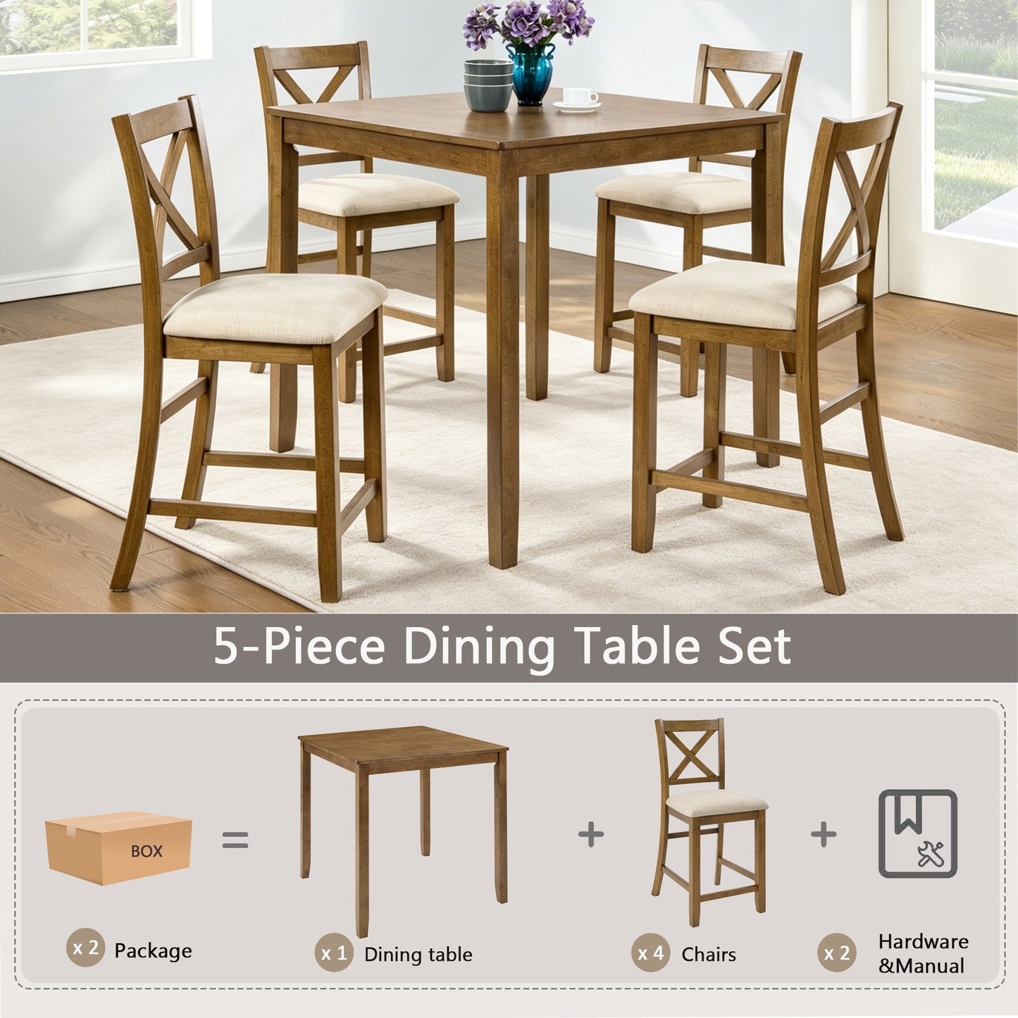 Oak Finish 5-Piece Counter Height Dining Set - Square Table & 4 Chairs