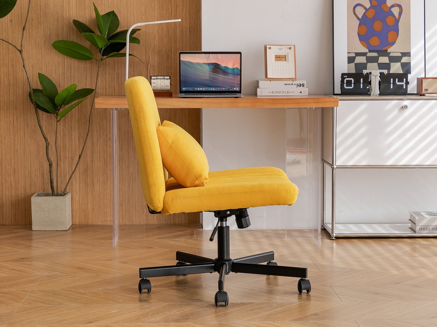 Yellow Linen Criss Cross Office Chair with Wheels - Ergonomic Design