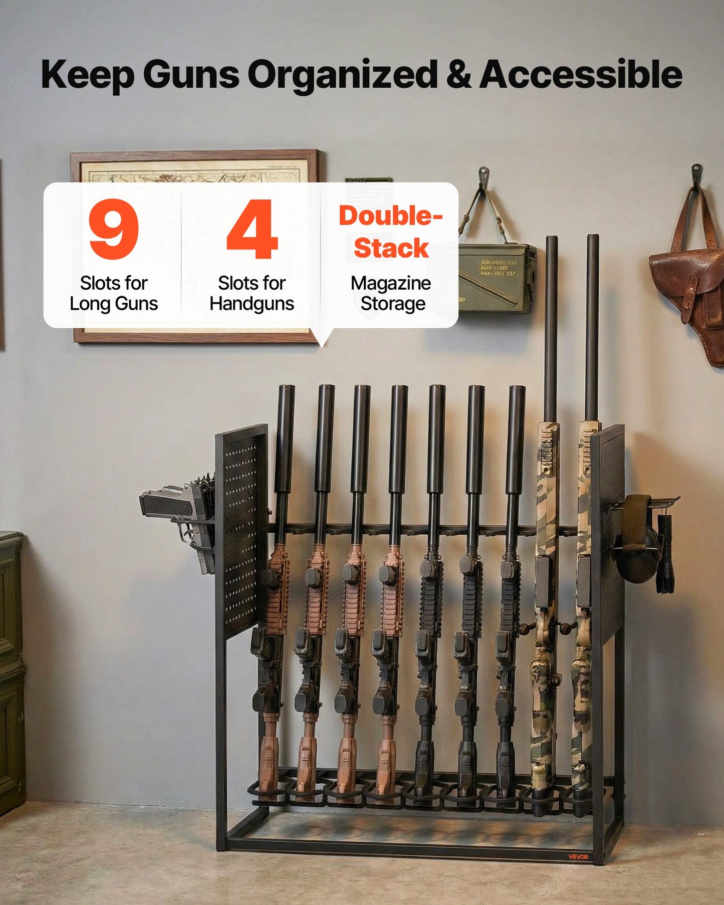 Heavy Duty Steel Gun Rack for Indoor Storage - Holds 9 Rifles & 4 Pistols