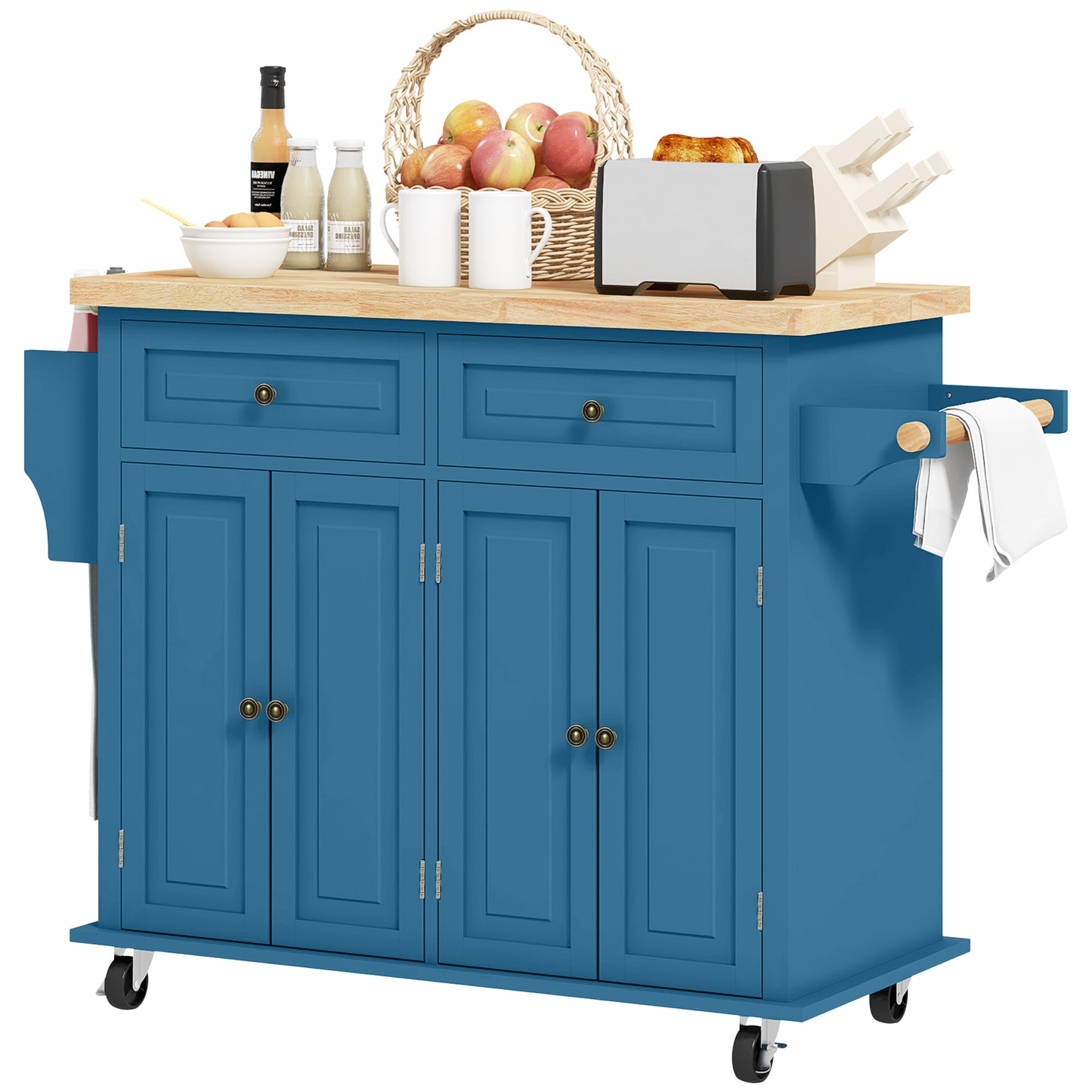 Rolling Kitchen Island Cart with Rubberwood Top & Storage - Turquoise