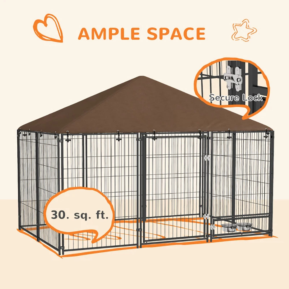 Outdoor Dog Kennel 6.9' x 4.6' x 5' with Canopy and Rotating Bowl - Black