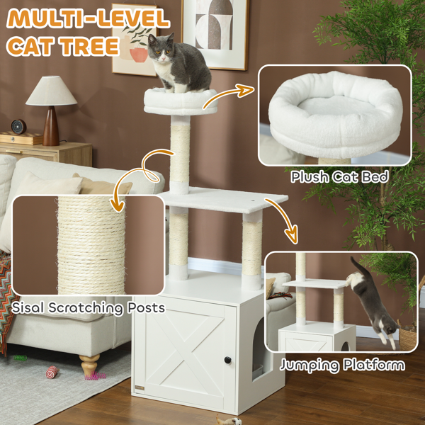 Wooden Cat House with Climbing Tower and Litter Box Enclosure
