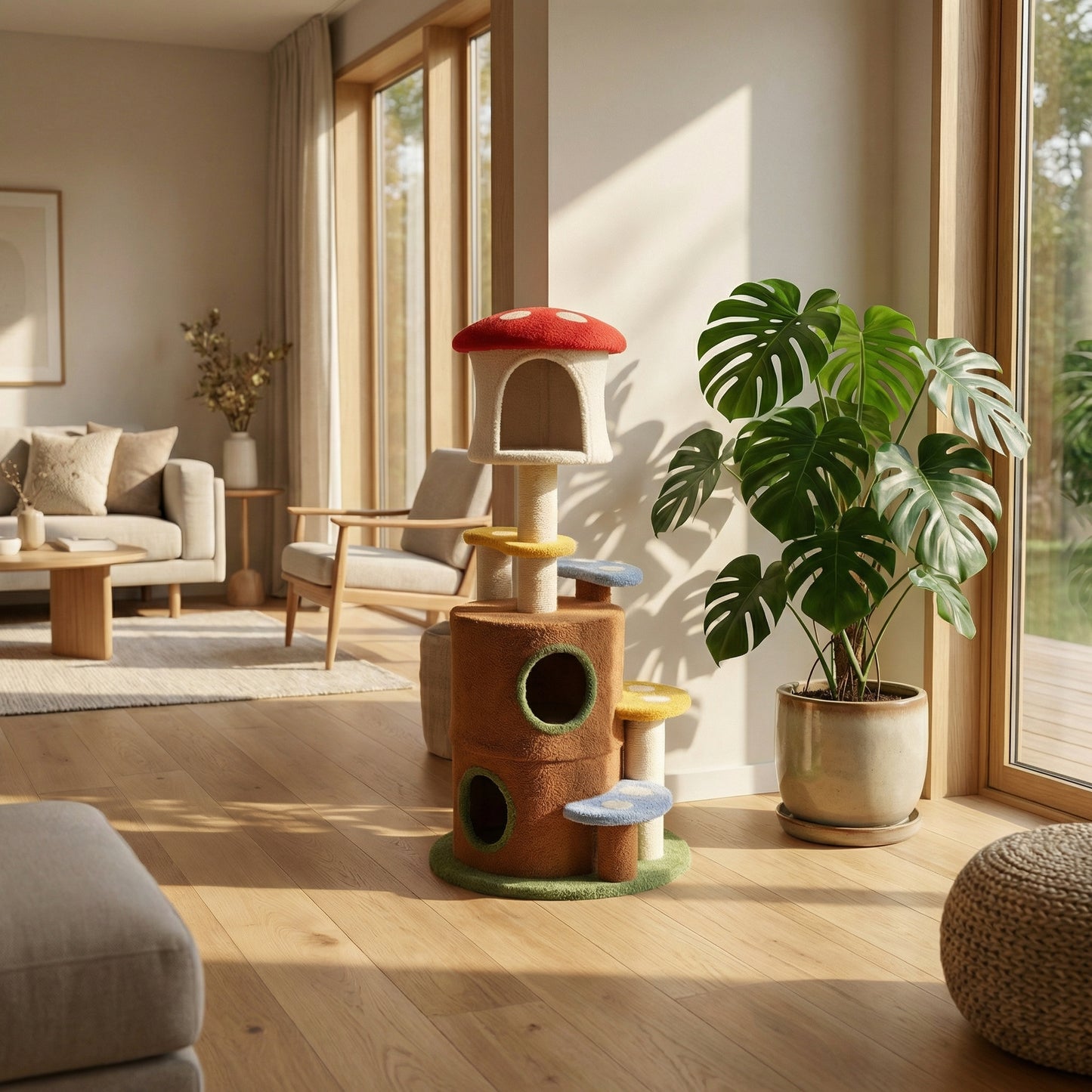 Large Mushroom Cat Tree with Condo, Platform & Ladder - Multi-Level Play & Rest