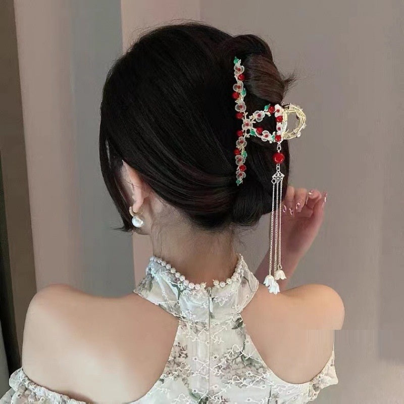 Antique Metal Hair Clip with Tassel & Pearl Detail