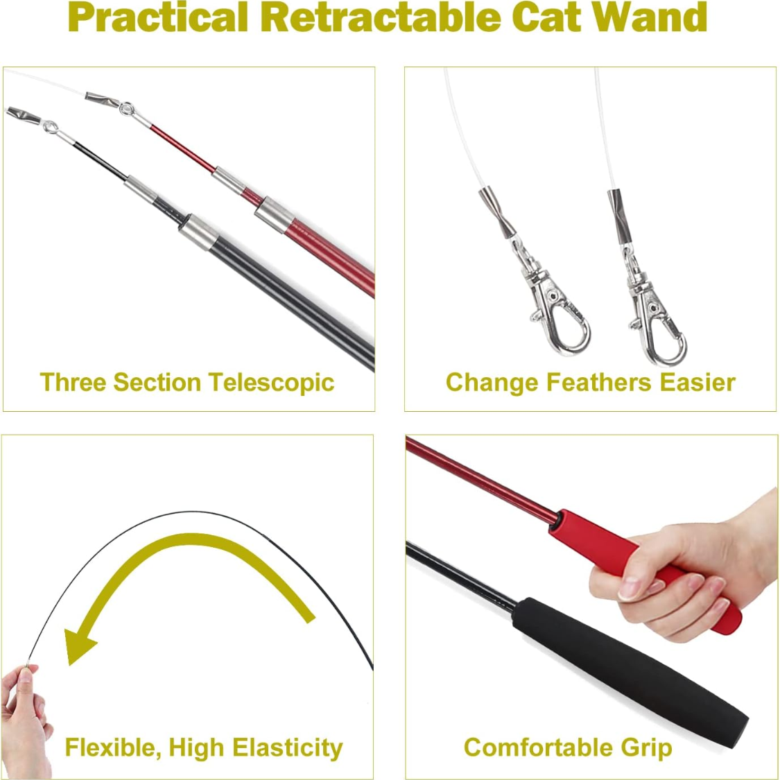 Interactive Cat Toys Set with Retractable Wand & Feather Refills - Multicolor