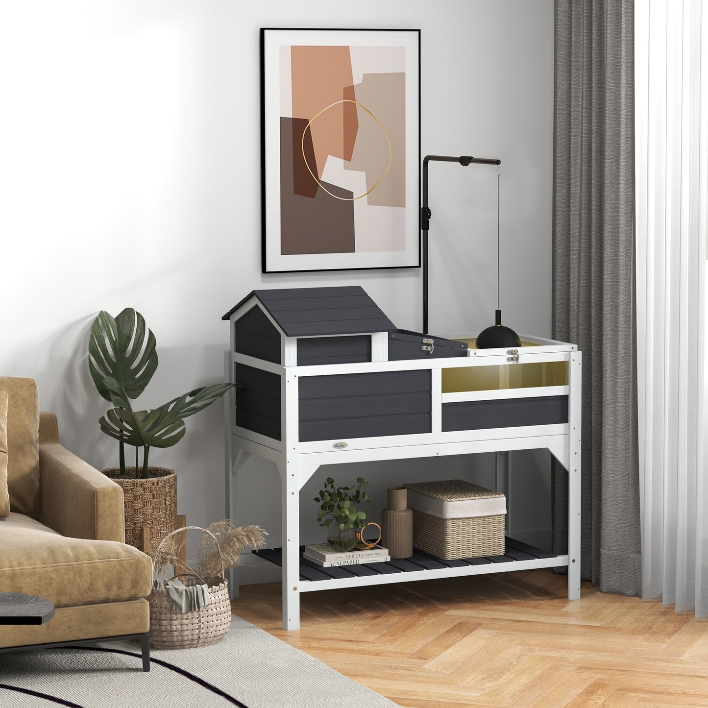 Pet Tortoise House with Adjustable Lamp Holder, Storage Shelf & Removable Main, Gray