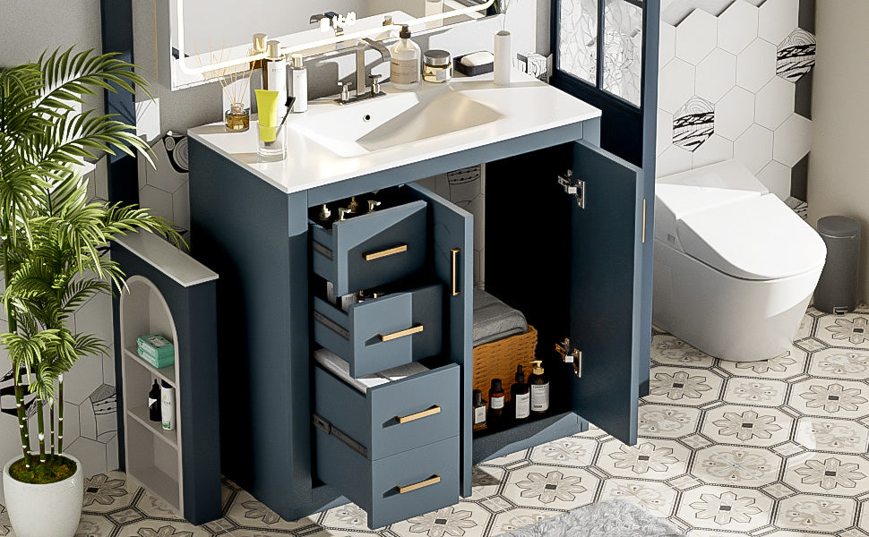 36-Inch Blue Bathroom Vanity with Ceramic Sink & Storage Cabinet