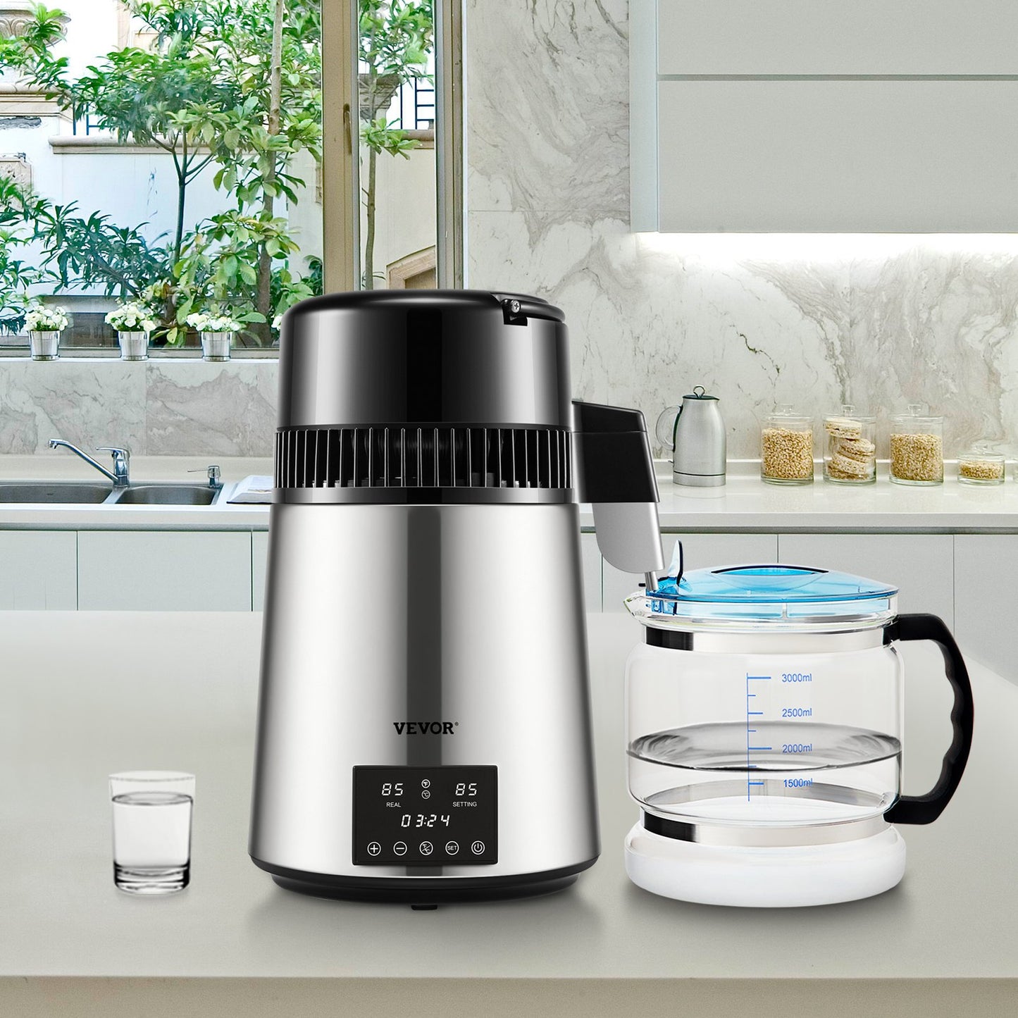 Water Distiller 1.1 Gallon Capacity, 750W Countertop Machine with Dual Temp & Timer - Silver