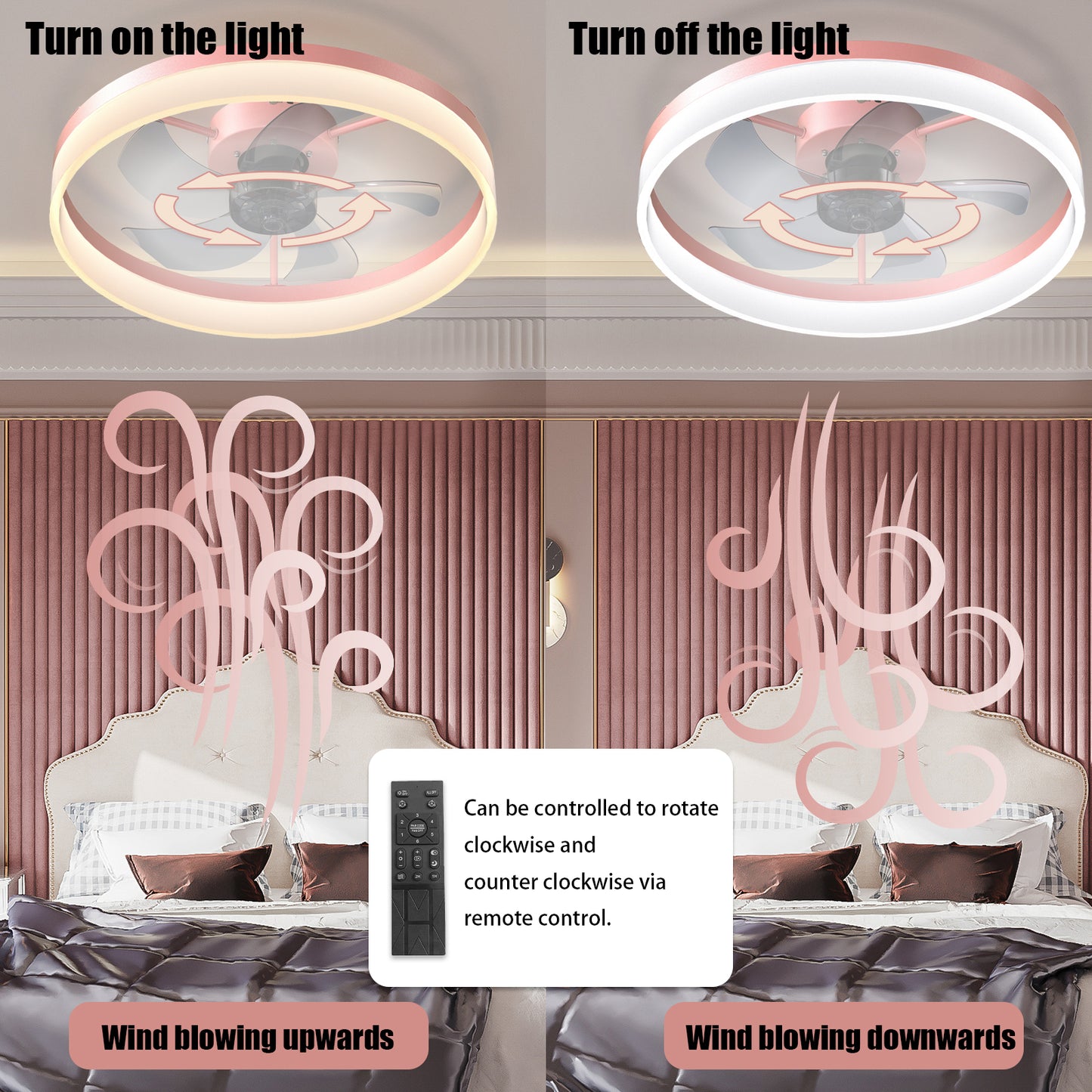 Dimmable LED Ceiling Fan with Lights - Modern Thin Design, Pink