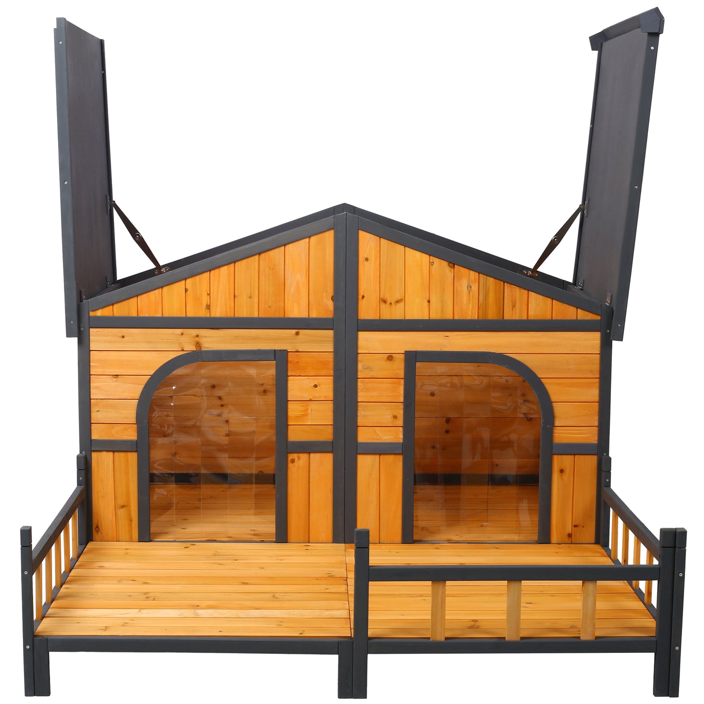 Large Wooden Dog House Outdoor Double Kennel with Porch & Elevated Floor