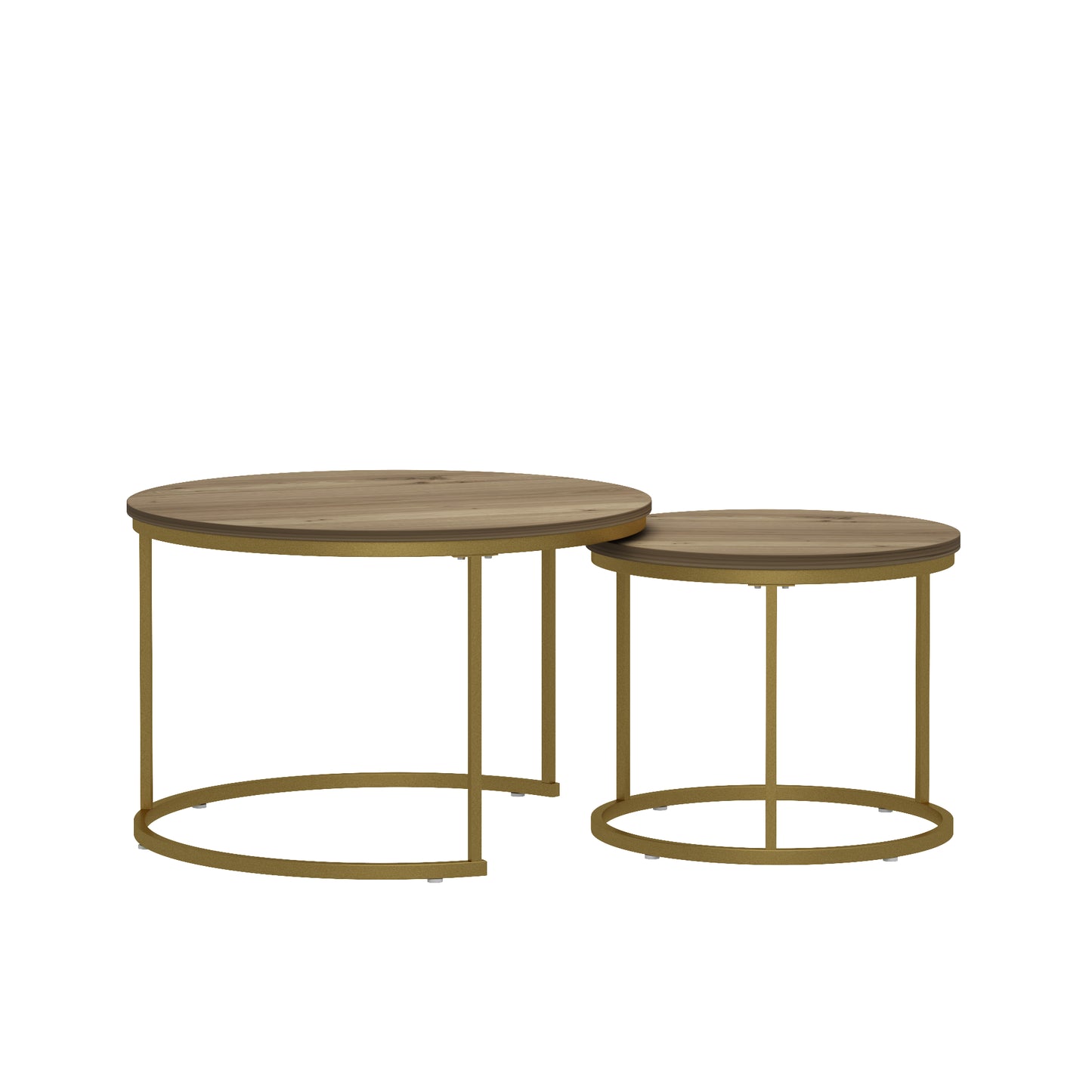 Nesting Coffee Table Set of 2 - Round Wood & Metal - Brown+Gold