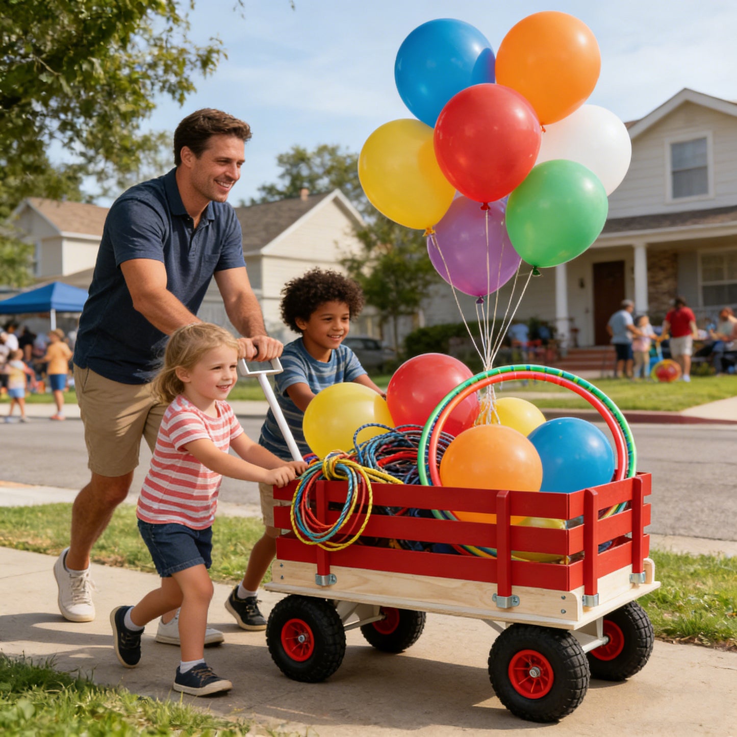Red Wooden Wagon Cart With Folding Handle, Heavy Duty All-Terrain