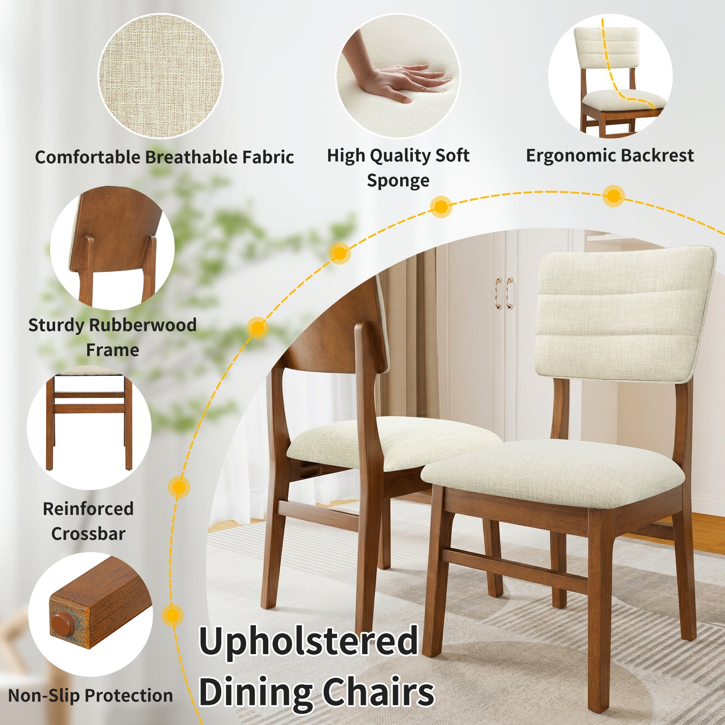 Farmhouse Dining Table Set for 4 with Upholstered Chairs - Brown & Beige