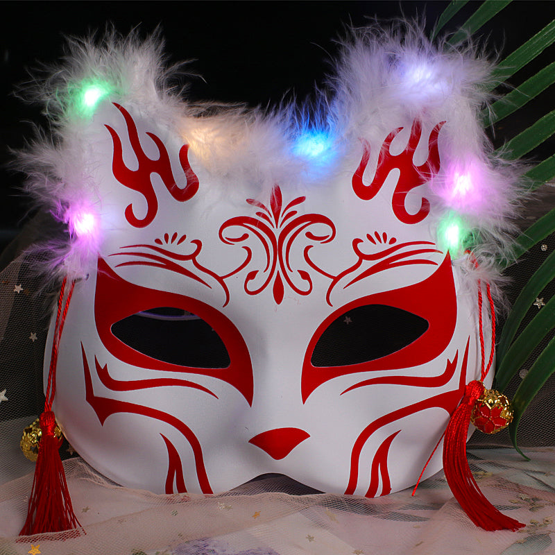 Halloween Party Luminous Feather Fox Mask Two-Faced Cat Face Mask