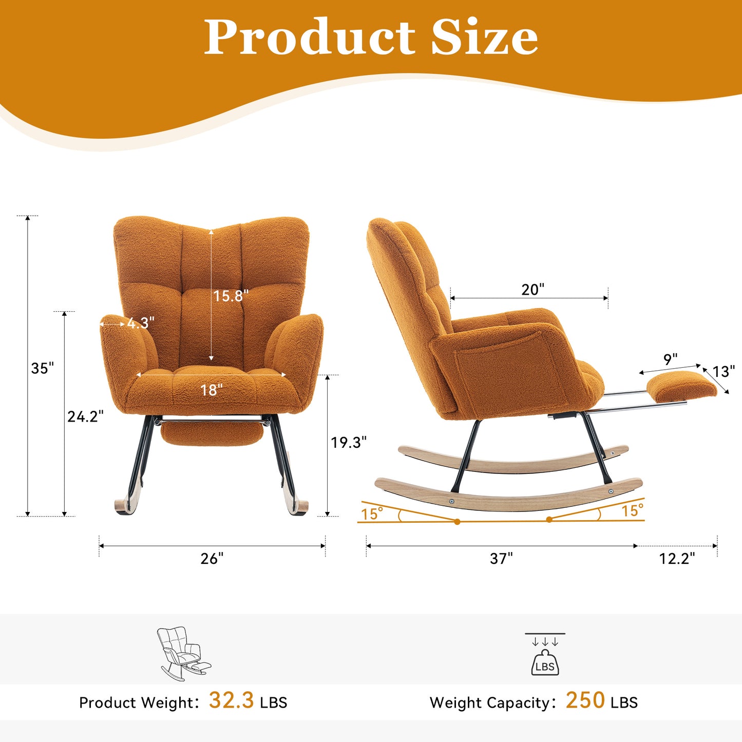 Teddy Fabric Rocking Chair with Adjustable Footstool - Caramel