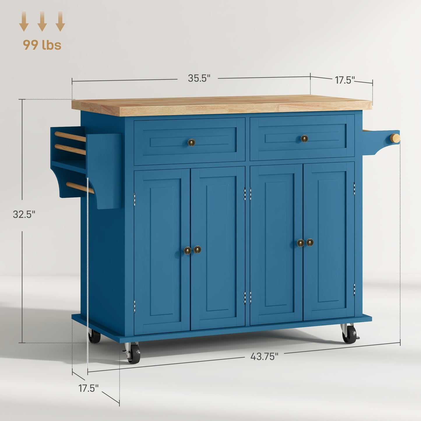 Rolling Kitchen Island Cart with Rubberwood Top & Storage - Turquoise