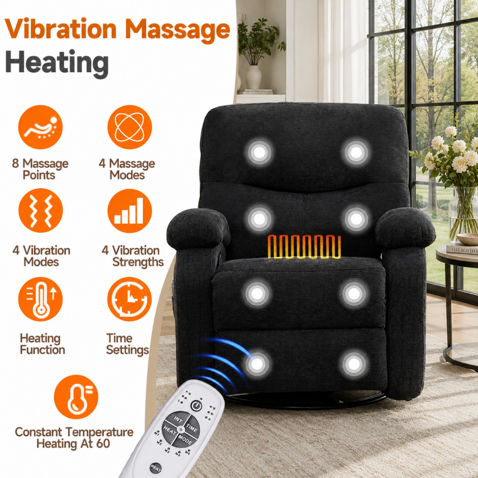 Extra-Large Manual Lift Recliner Chair with Heat & Massage - Black