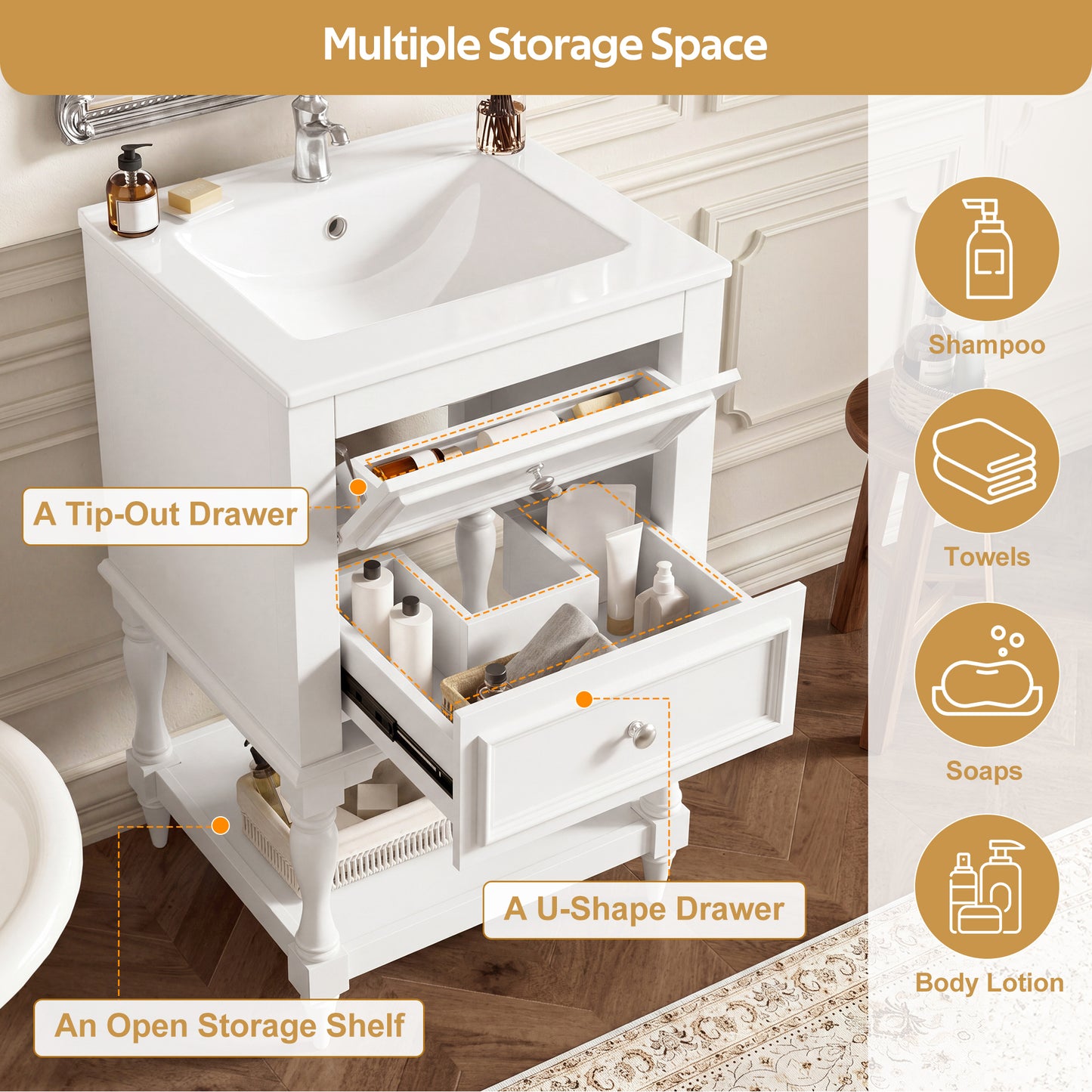 20'' White Bathroom Vanity with Ceramic Sink & Storage Cabinet