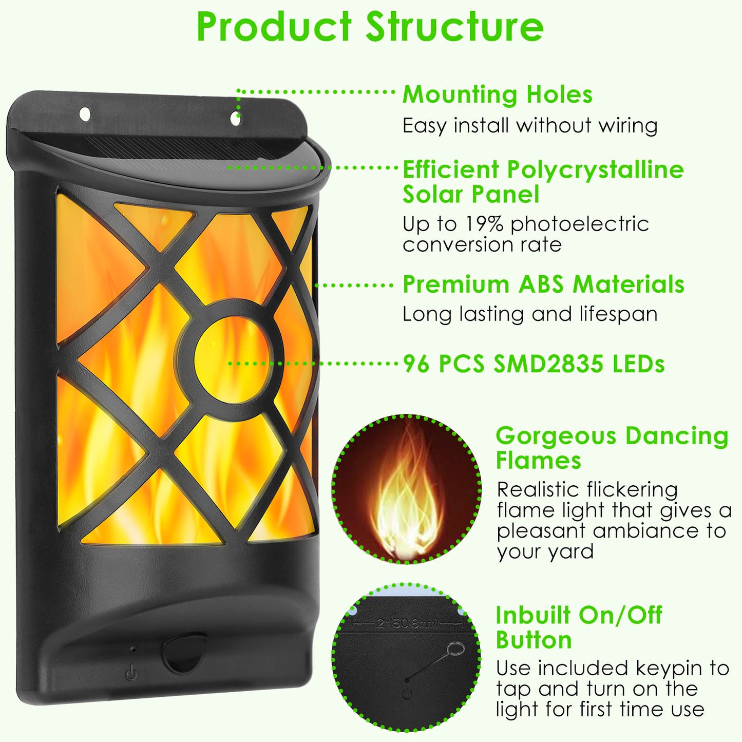 Outdoor Solar Flame Lights 96 LEDs Waterproof Wall Mount Lamp for Garden Patio Yard Black