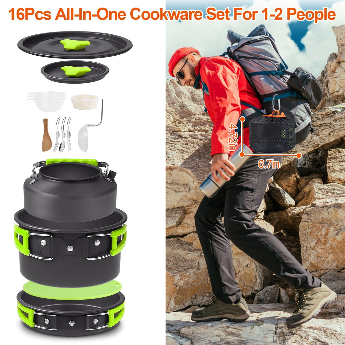16-Piece Camping Cookware Set - Lightweight Aluminum Kit