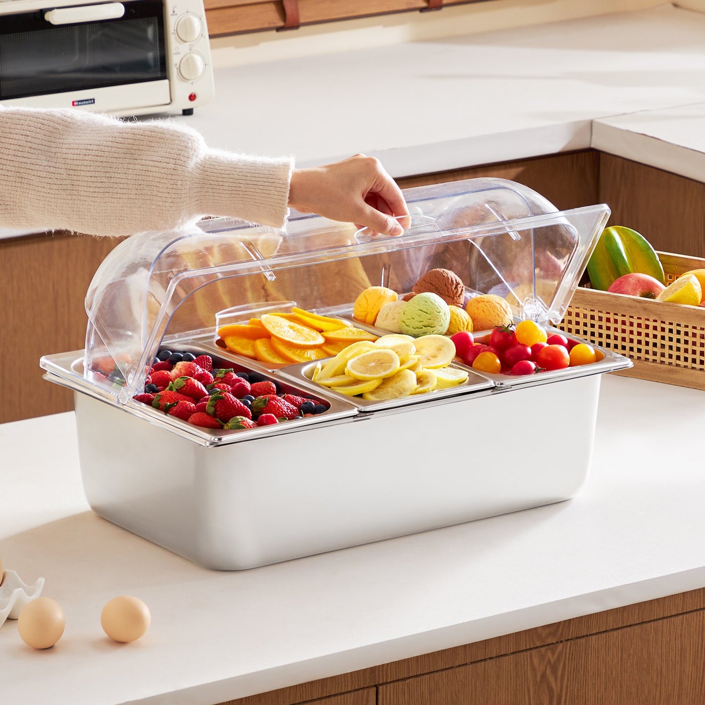 5-Pan Condiment Dispenser with Lid - Stainless Steel Display Container