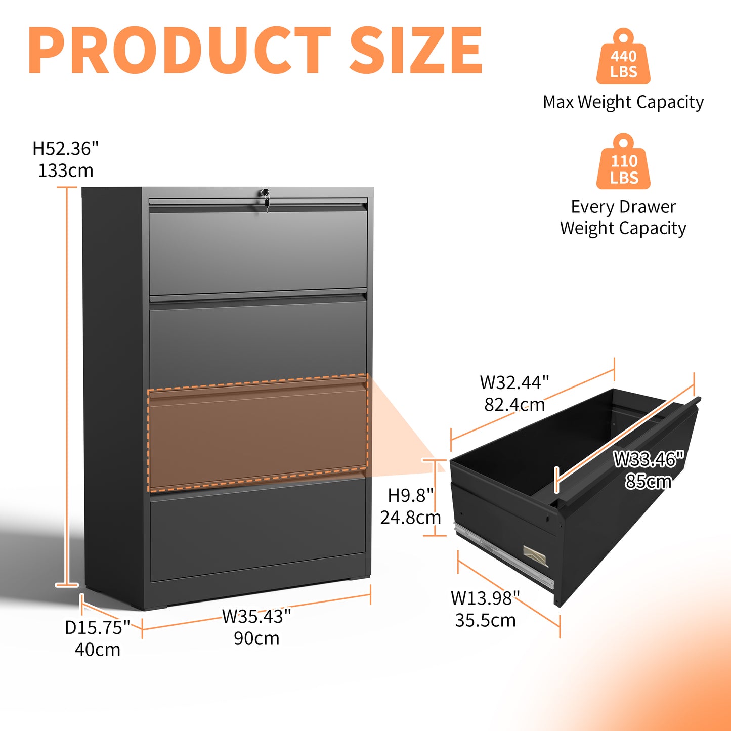 Lateral File Cabinet 4 Drawer, Black Filing With Lock, Lockable For