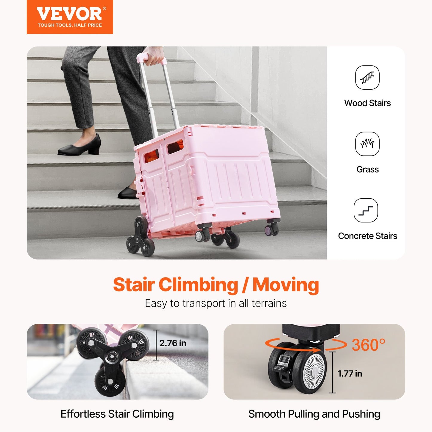 Foldable Stair Climbing Cart 65L with Pink Wheels - Collapsible Rolling Crate for Garden & Household